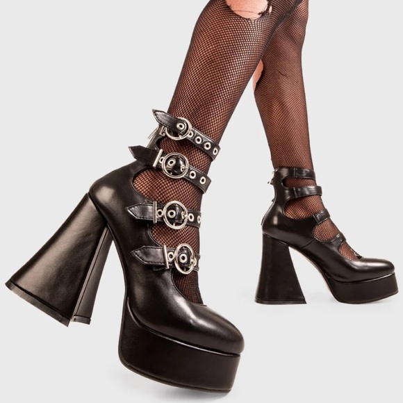 NIB La Moda Women's Black Interstellar Stomper Platform Buckle Heels Size 8 NEW - Picture 4 of 6